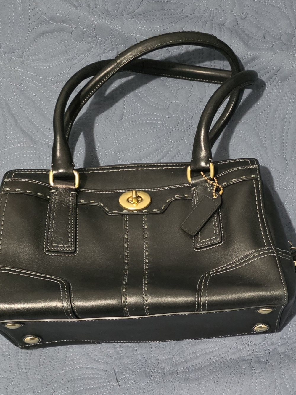 Vintage Coach Black Leather Satchel Handbag with Gold Hardware